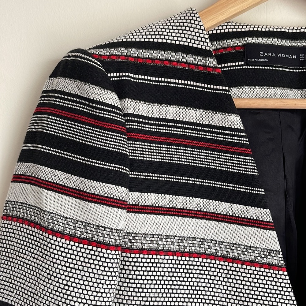 ZARA | Black white red collarless structured jacket - Picture 2 of 9